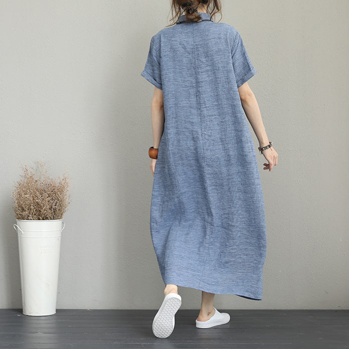 Blue Natural Linen Dress Side Tie Waist Linen Clothing Dress Lapel Collar Linen Caftans