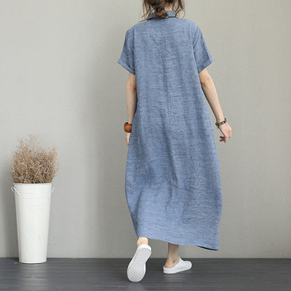 Blue Natural Linen Dress Side Tie Waist Linen Clothing Dress Lapel Collar Linen Caftans
