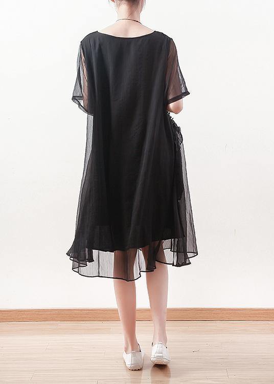 Italian Black Chiffon Dresses O Neck Cinched Long Summer Dress