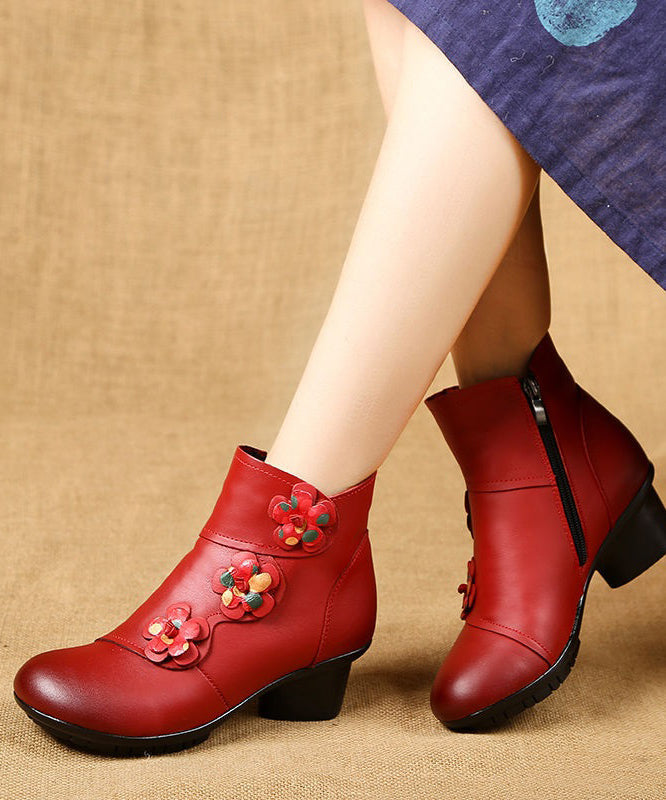 Red Boots Chunky Cowhide Leather Splicing