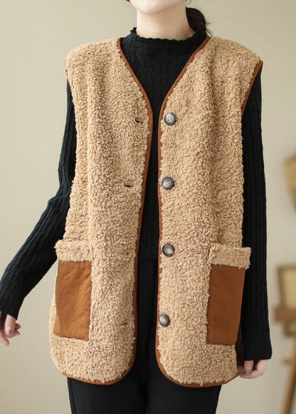 Khaki V Neck Patchwork Pockets Teddy Faux Fur Vest Tops Winter
