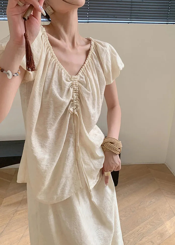 Beige Stand Collar Cinched T Shirts and Silk Maxi Skirts Two Piece Set Summer