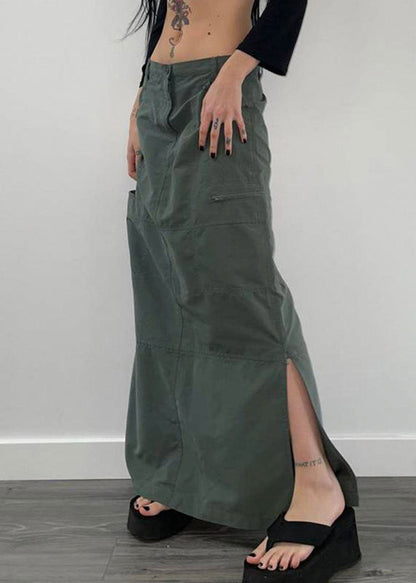Grey Pockets Side Open Patchwork Cotton Maxi Skirts Fall