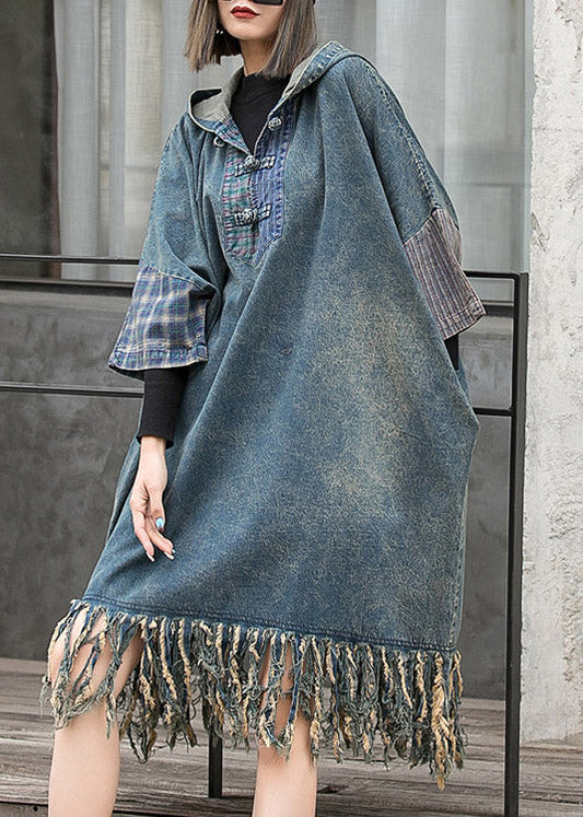 Blue Hooded Patchwork Tasseled Denim Dress Batwing Sleeve