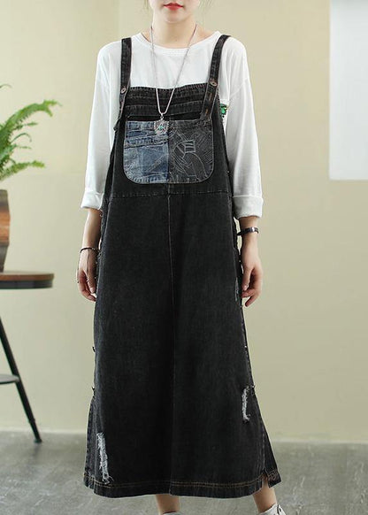 Unique Slash Neck Hole Long Dress Sewing Denim Black Dress