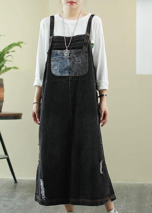 Unique Slash Neck Hole Long Dress Sewing Denim Black Dress