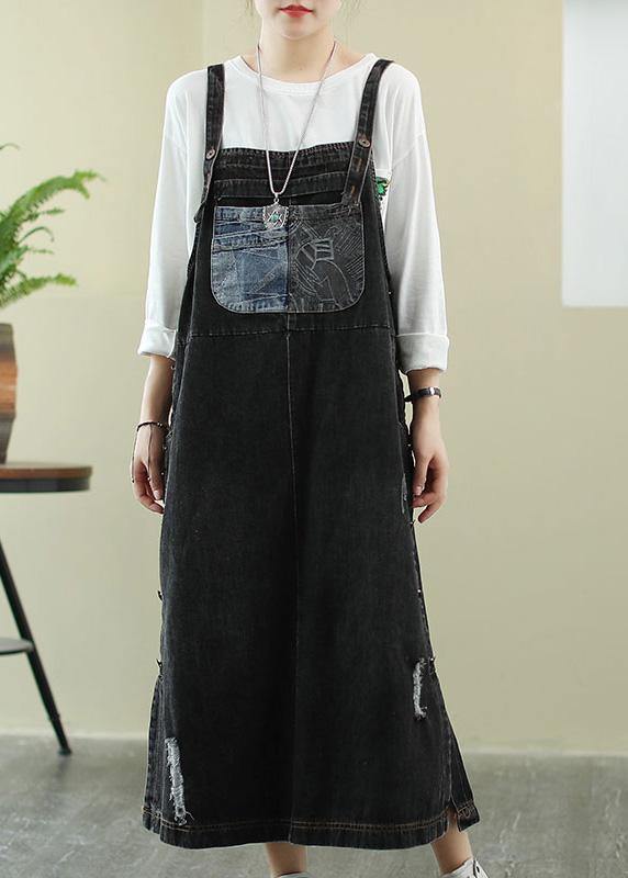 Unique Slash Neck Hole Long Dress Sewing Denim Black Dress