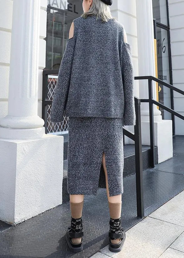 Autumn Knitted Gray Set Two-piece Skirt New Sweater Skirt Set
