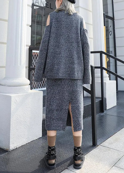 Autumn Knitted Gray Set Two-piece Skirt New Sweater Skirt Set