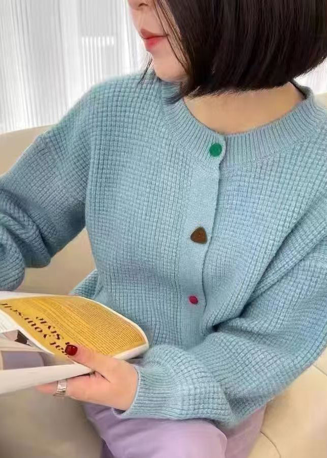 French Blue O Neck Button Versatile Knit Coat Fall