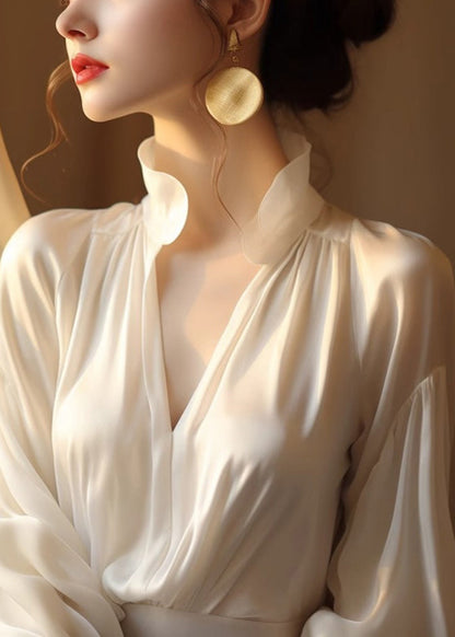 New Beige V Neck Spandex Top Long Sleeve