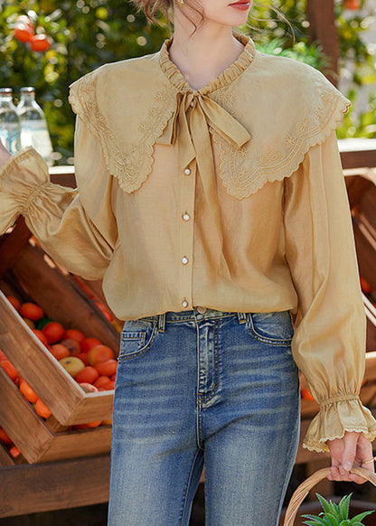 Yellow Sailor Collar Patchwork Shirts Lantern Sleeve