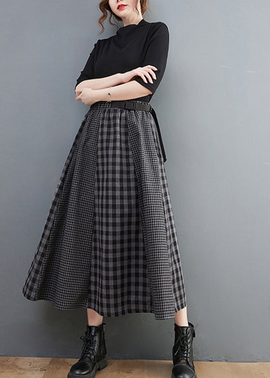 Simple Black Plaid Elastic Waist Patchwork a Line Skirt Spring