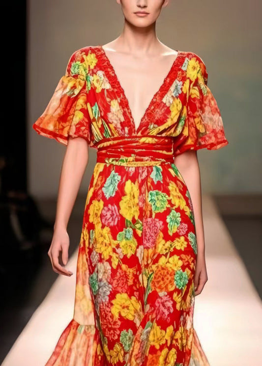 Modern Red V Neck Print Chiffon Party Dress Summer