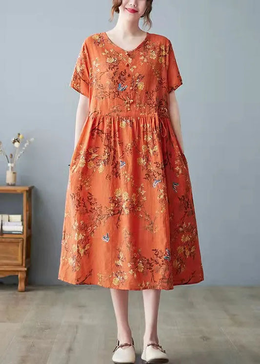 Orange Pockets Print O Neck Dress