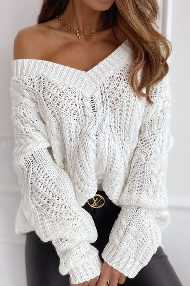 Plain V-neck Hollow Out Sweater