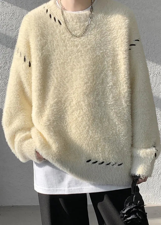 Simple Beige O Neck Mink Hair Knitted Sweater Winter