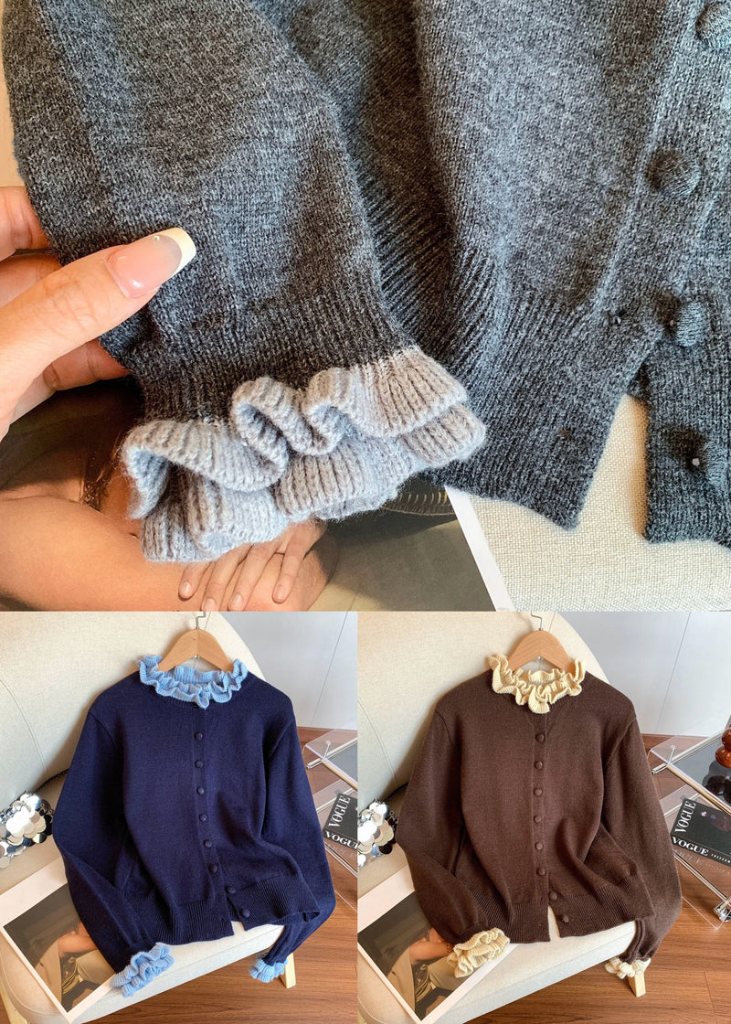 Coffee Ruffled Button Patchwork Knit Coats Winter