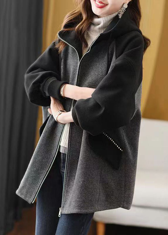 Grey Zip Up Pockets Patchwork Fine Cotton Filled Hooded Coat Fall