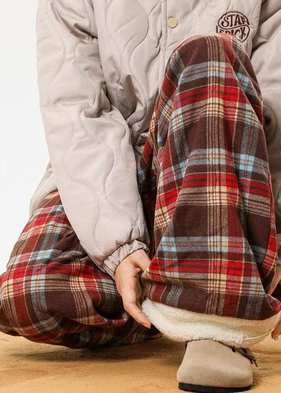 French Red Pockets Plaid Patchwork Warm Fleece Pants Winter