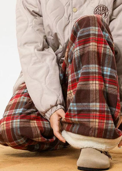 French Red Pockets Plaid Patchwork Warm Fleece Pants Winter