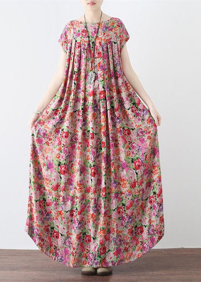New Pink Prints Linen Caftans Big Hem Linen Maxi Dress Short Sleeve Maxi Dresses