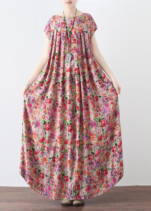 New Pink Prints Linen Caftans Big Hem Linen Maxi Dress Short Sleeve Maxi Dresses