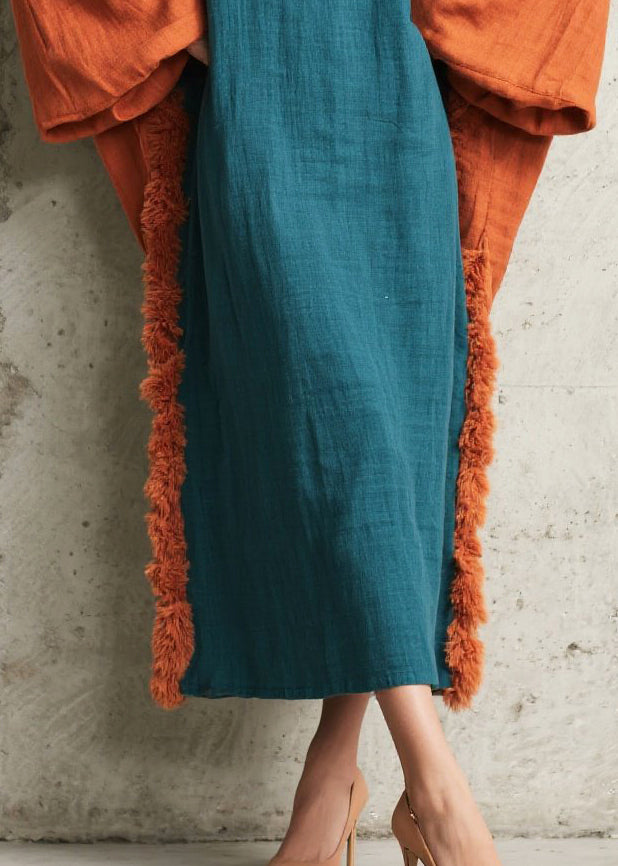 Peacock Blue Oversized Patchwork Faux Fur Dresses Fall