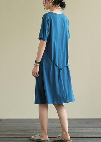 O Neck Cinched Cotton Summer Dress Sewing Blue Dresses