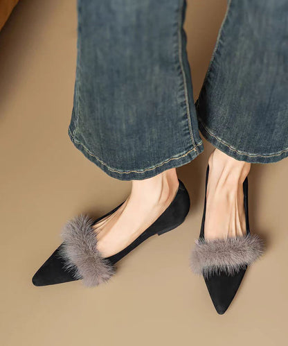 Autumn New Black Fuzzy Fur Splicing Pointed Comfortable Flat Shoes