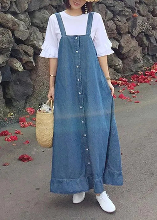 Denim Blue Quilting Dresses Spaghetti Strap Ruffles Loose Dresses