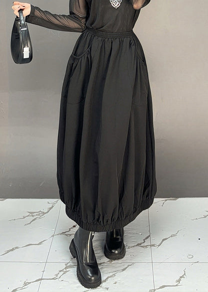 Black Pockets Cotton Fall Skirt Elastic Waist
