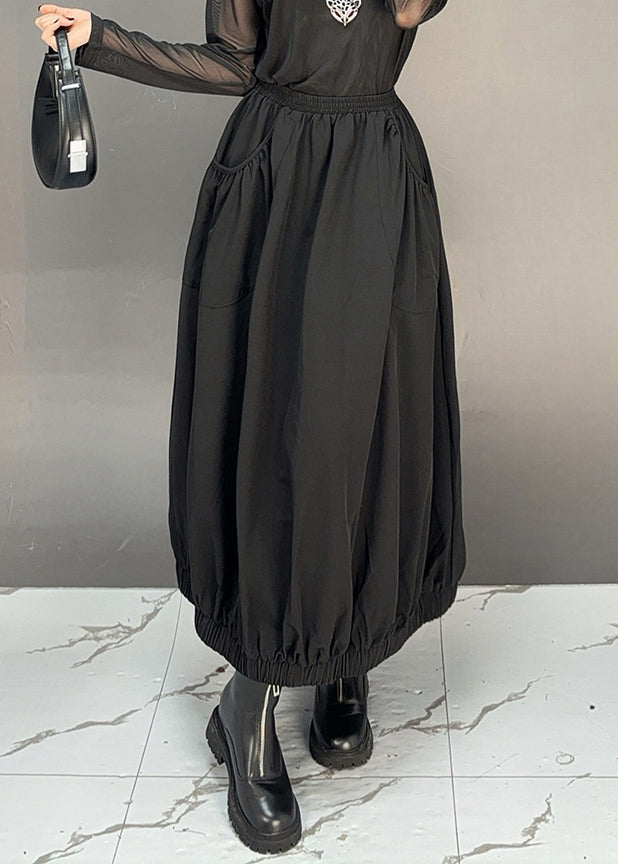 Black Pockets Cotton Fall Skirt Elastic Waist