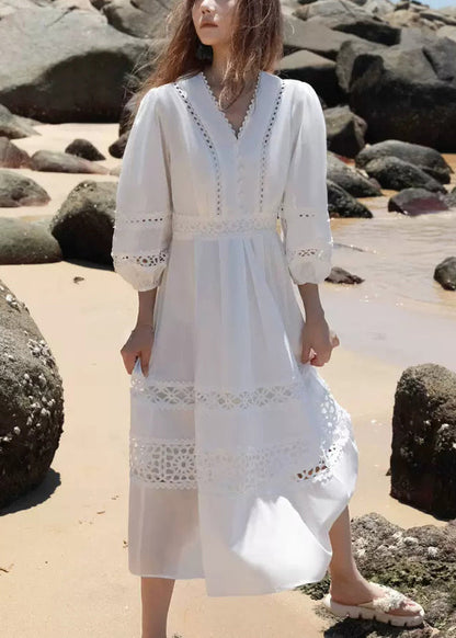 Boutique White Hollow Out Cotton Dress Lantern Sleeve