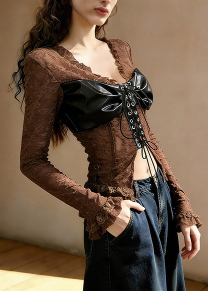 Coffee Ruffled Lace Up Patchwork Lace T Shirt Tops Spring