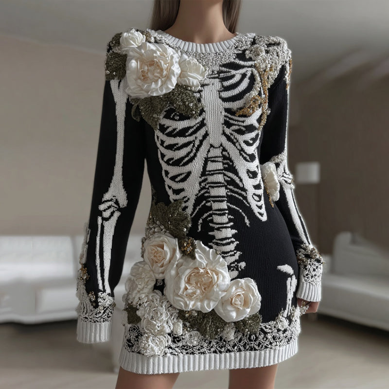 Women's Halloween Skeleton Bones With Rose Art Cozy Knit Sweater Dress elevenforest