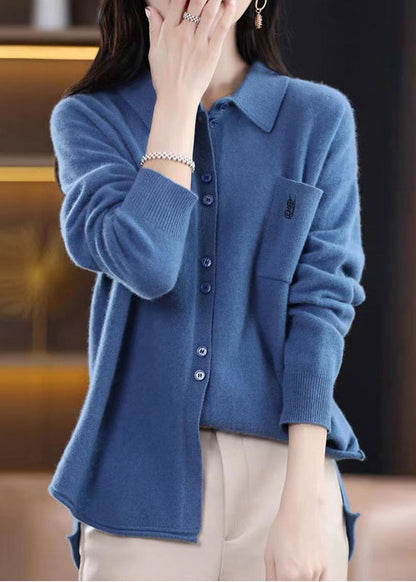 Rose Peter Pan Collar Button Patchwork Woolen Knitted Tops Fall