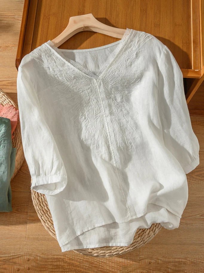 Embroidered V Neck 3/4 Sleeve Linen Tee Top