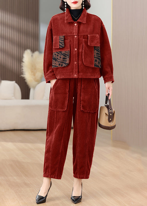 Red Tops and Pants Corduroy Warm Fleece Sets 2 Pieces Spring