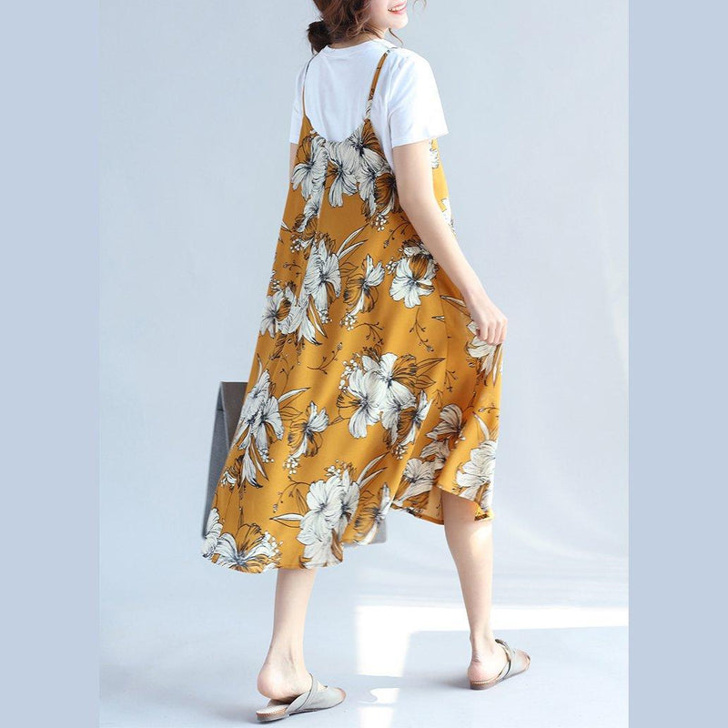 Yellow Prints Midi-length Chiffon Sleeveless Dress Traveling Dress and Cotton Tops Two Pieces