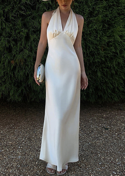 Art Beige V Neck Backless Silk Long Dresses Sleeveless