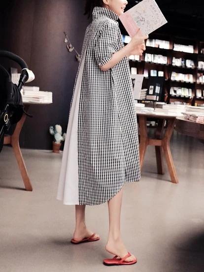 French Black White Plaid Cotton Clothes Lapel Low High Design Cotton Dress