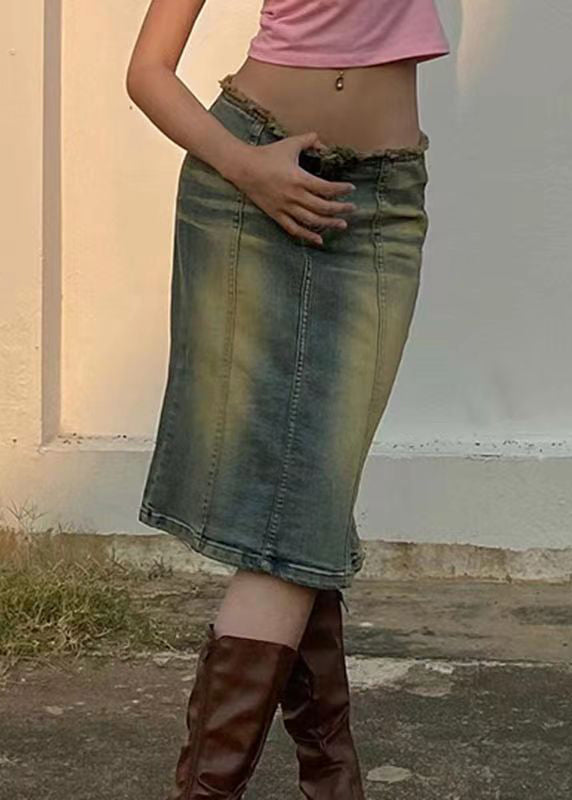 Blue Gradient Color Zip Up High Waist Patchwork Denim Skirt Fall