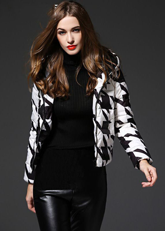 Black White Plaid Hooded Zippered Duck Down Puffer Jacket Winter