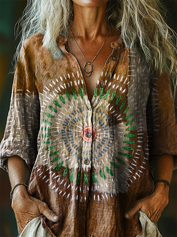 Women's Vintage Bohemian Patchwork Art Print Casual Cotton Linen Shirt