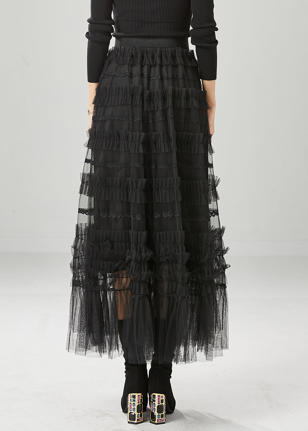 Black Ruffled Tulle Vacation Skirts Fall