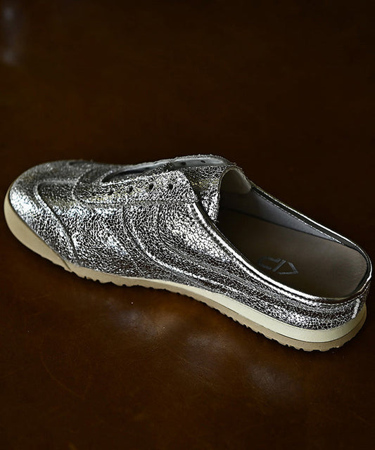 Splicing Wedge Silver Cowhide Leather Slide Sandals