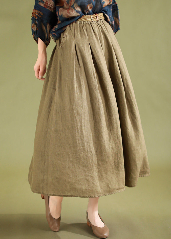 Khaki Pockets High Waist Linen Skirts Summer