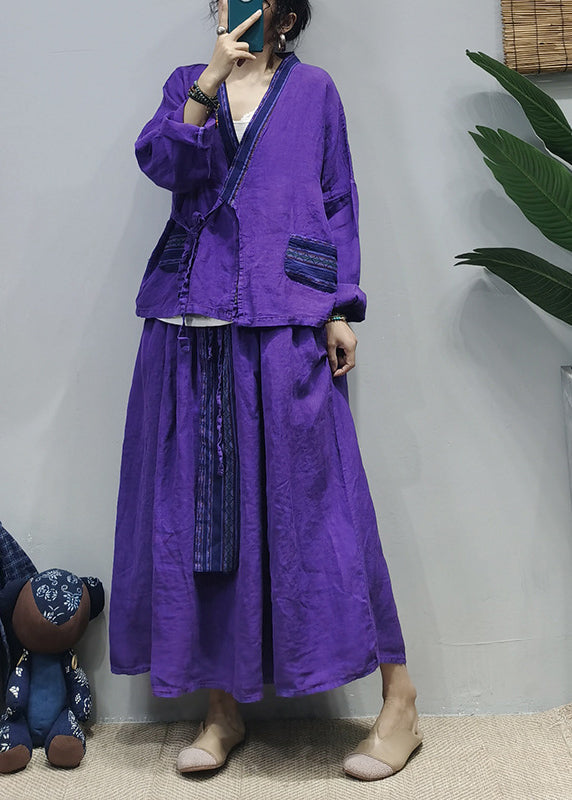 Chinese Style Purple Tie Waist Patchwork Linen Shirt Top a Line Skirt Two Piece Suit Set Long Sleeve
