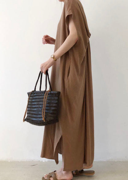 Coffee Side Open Cotton Short Sleeve Long Dresses